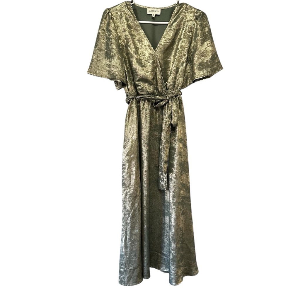 Celadon Green Shimmery Short Sleeve Faux Wrap Midi Dress Size M Bridesmaid